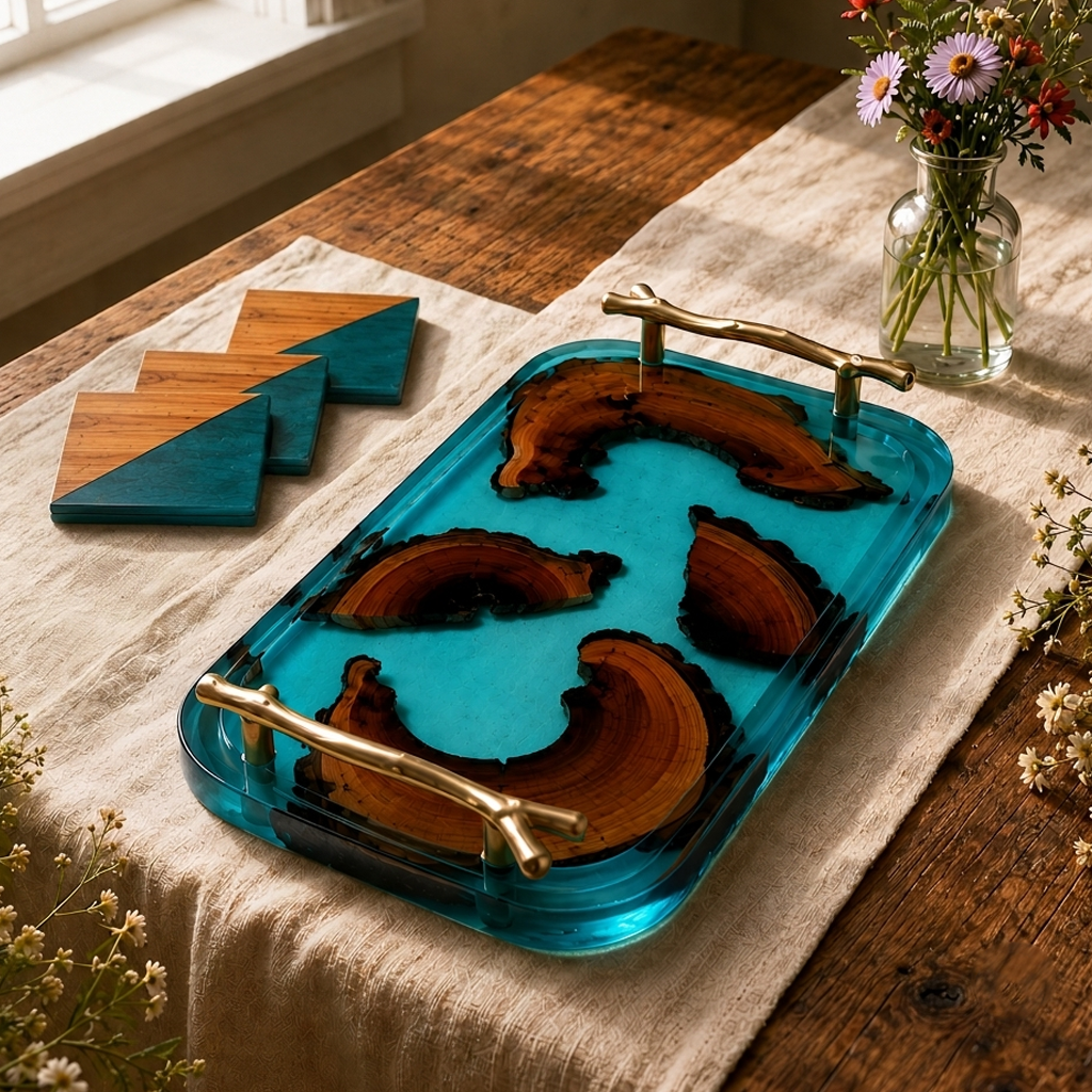 Resin & wooden Serving Tray with Metal Handles & Coasters