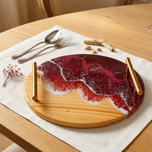 Circular Resin & Wooden Serving Trays with Metal Handle