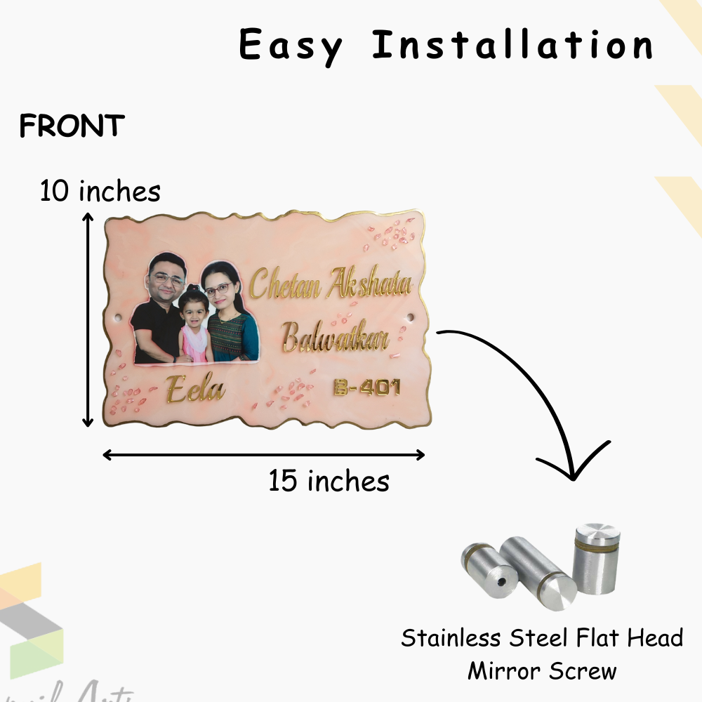 Resin & Acrylic Name Plate for Home Entrance, Flat Bungalow ( Family Caricature)