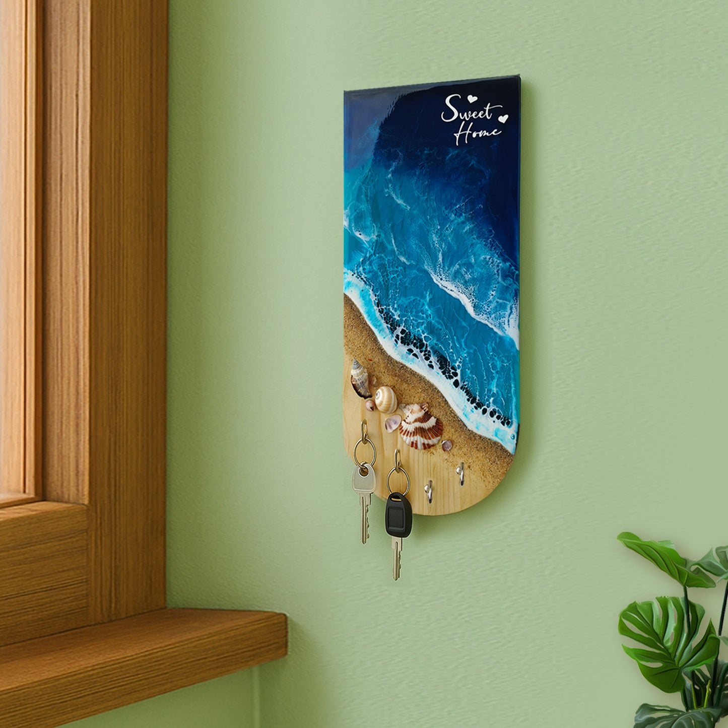 Wooden & Resin Key Holder for Home with Decorative Beach Theme with 4 Hooks