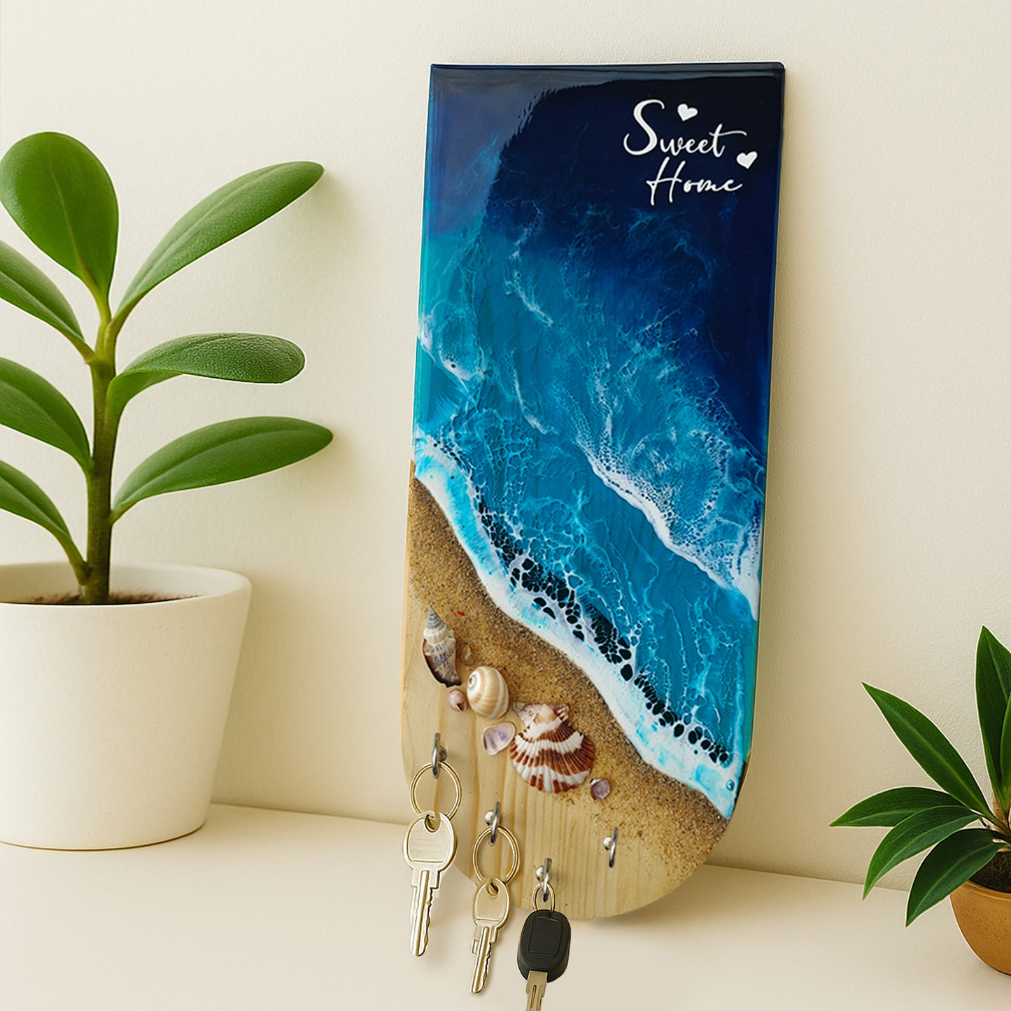 Wooden & Resin Key Holder for Home with Decorative Beach Theme with 4 Hooks