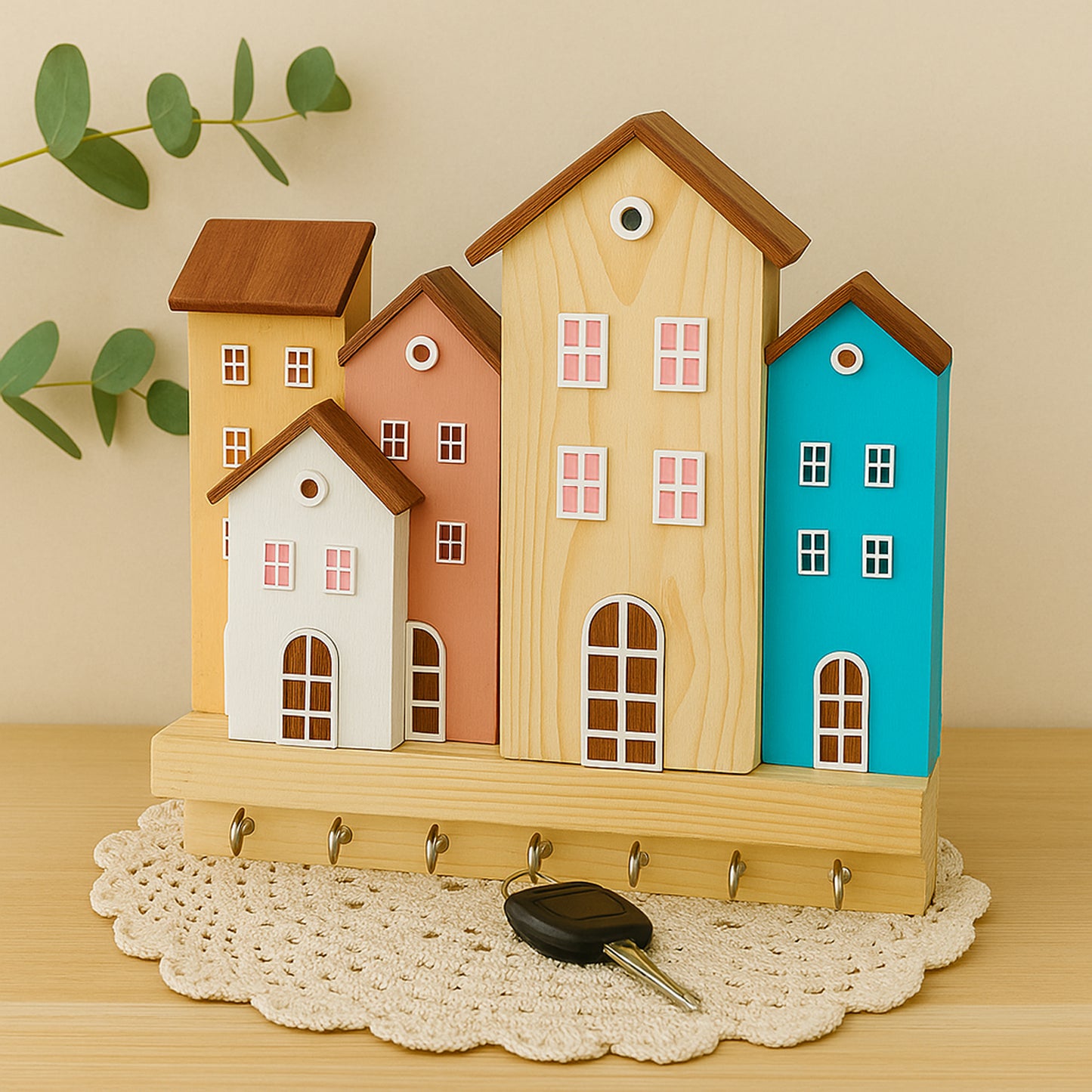 Wooden Key Holder for Home with House Design | 7 Hooks to Hang Keys