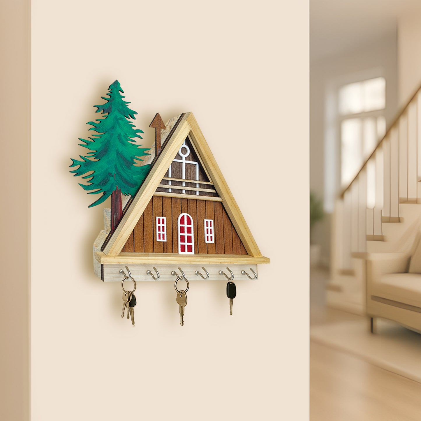 Hut Shape Wooden Key Holder for Home | 6 Hooks to Hang Keys