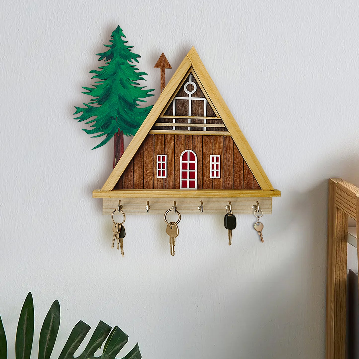 Hut Shape Wooden Key Holder for Home | 6 Hooks to Hang Keys