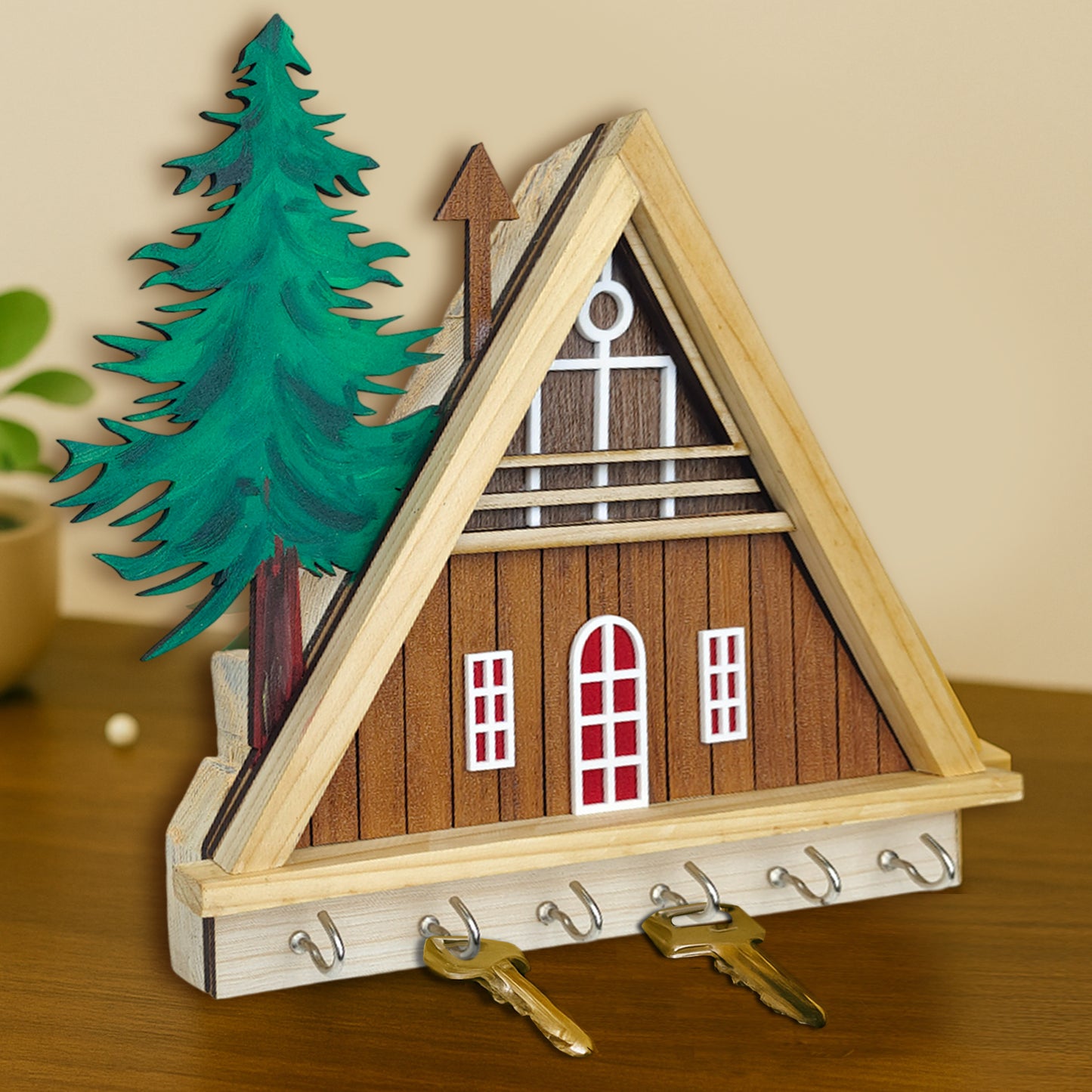 Hut Shape Wooden Key Holder for Home | 6 Hooks to Hang Keys
