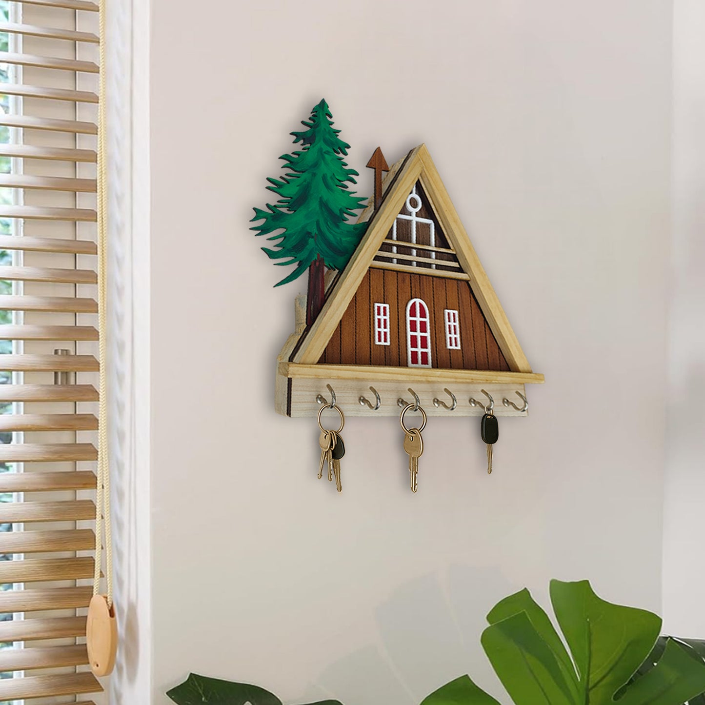 Hut Shape Wooden Key Holder for Home | 6 Hooks to Hang Keys