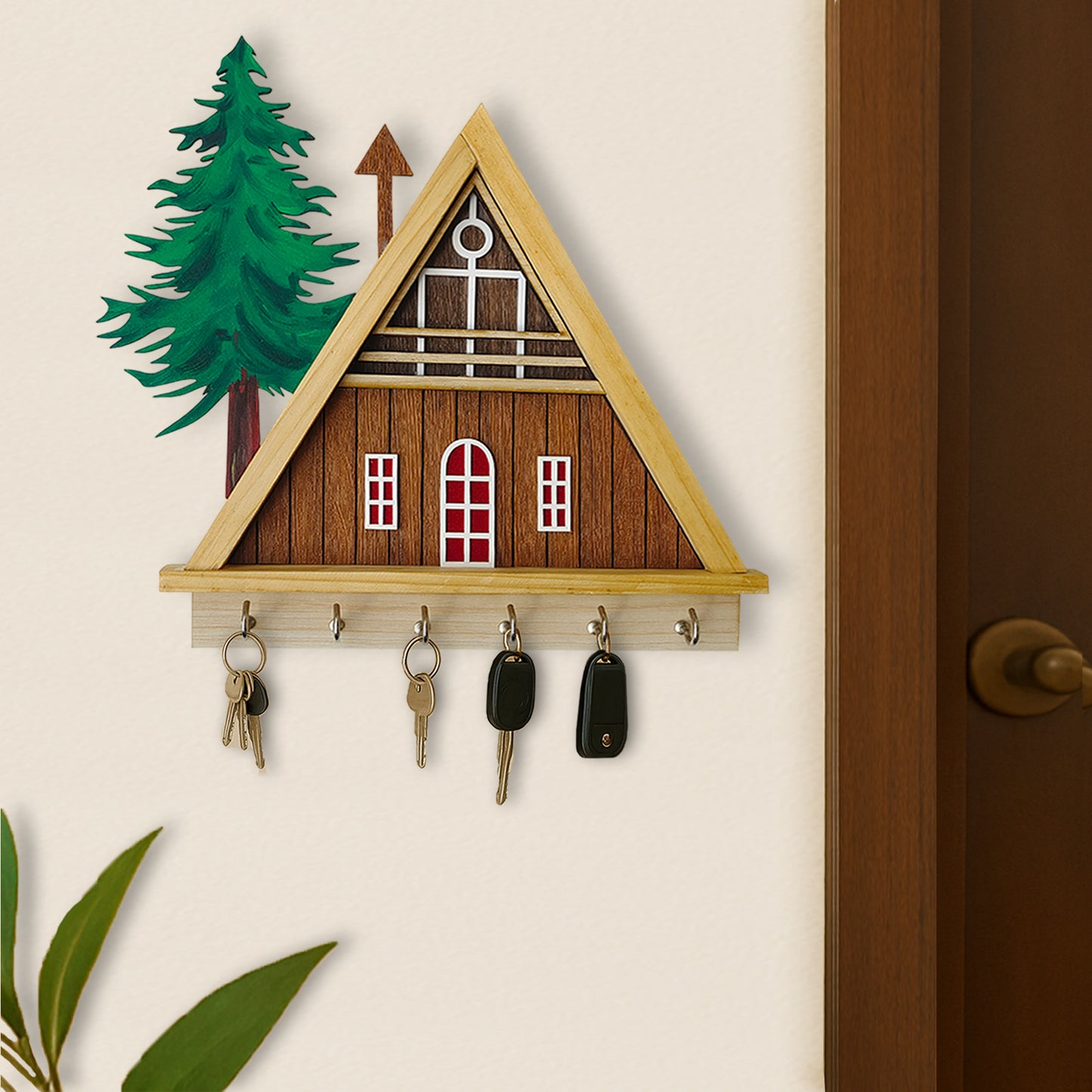 Hut Shape Wooden Key Holder for Home | 6 Hooks to Hang Keys