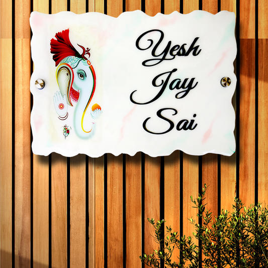 Resin & Acrylic Name Plate for Home Entrance, Flat, Bungalow (Ganesha Art)